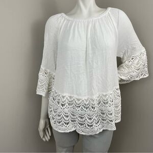 MUCHE ET MUCHETTE White Chunky Lace Flowy Wide Sleeve Off the Shoulder Top